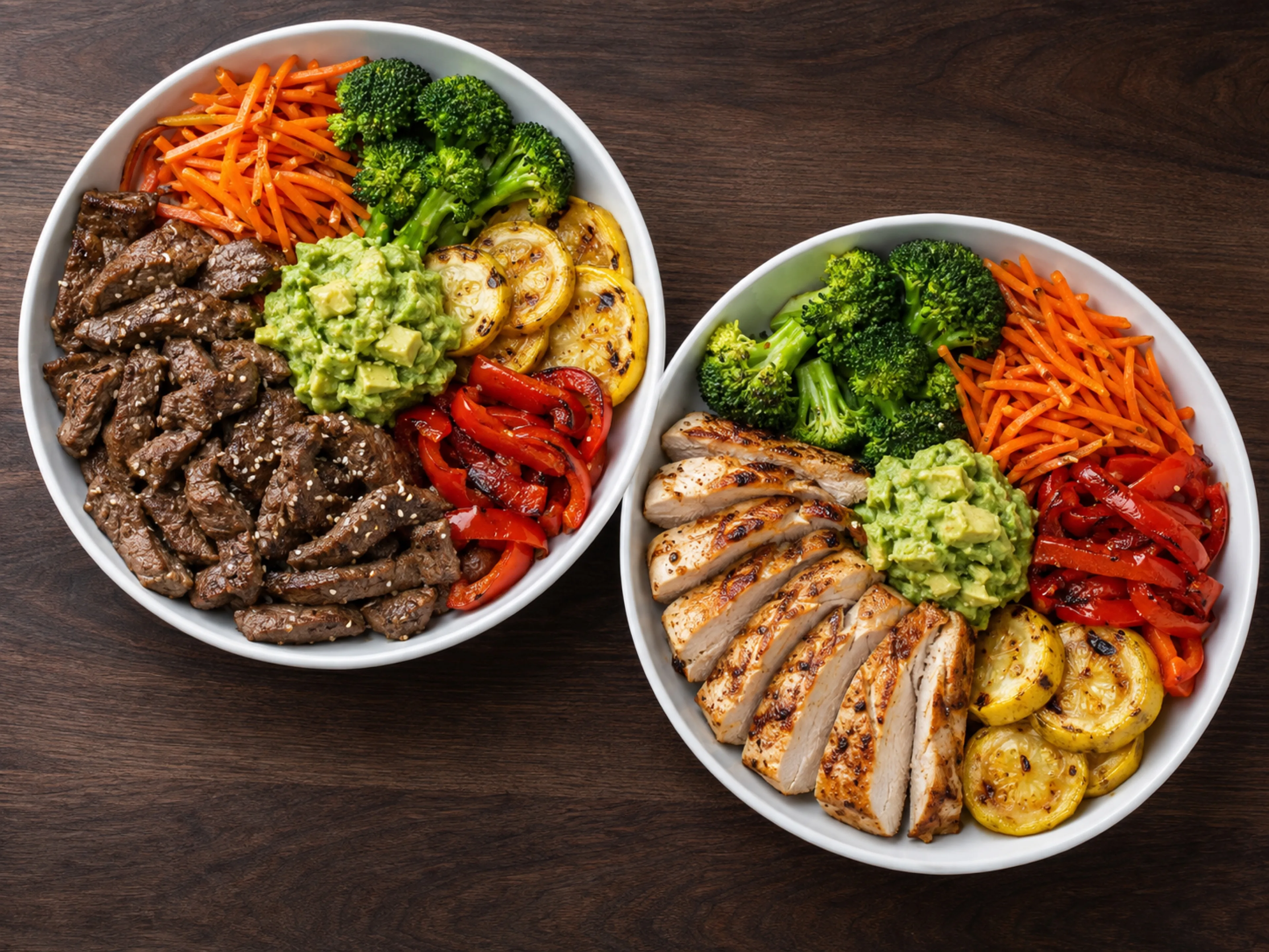 Dos bowls Bowli sobre una tabla de madera: solomito de res de pastoreo y pechuga de pollo de pastoreo, con vegetales